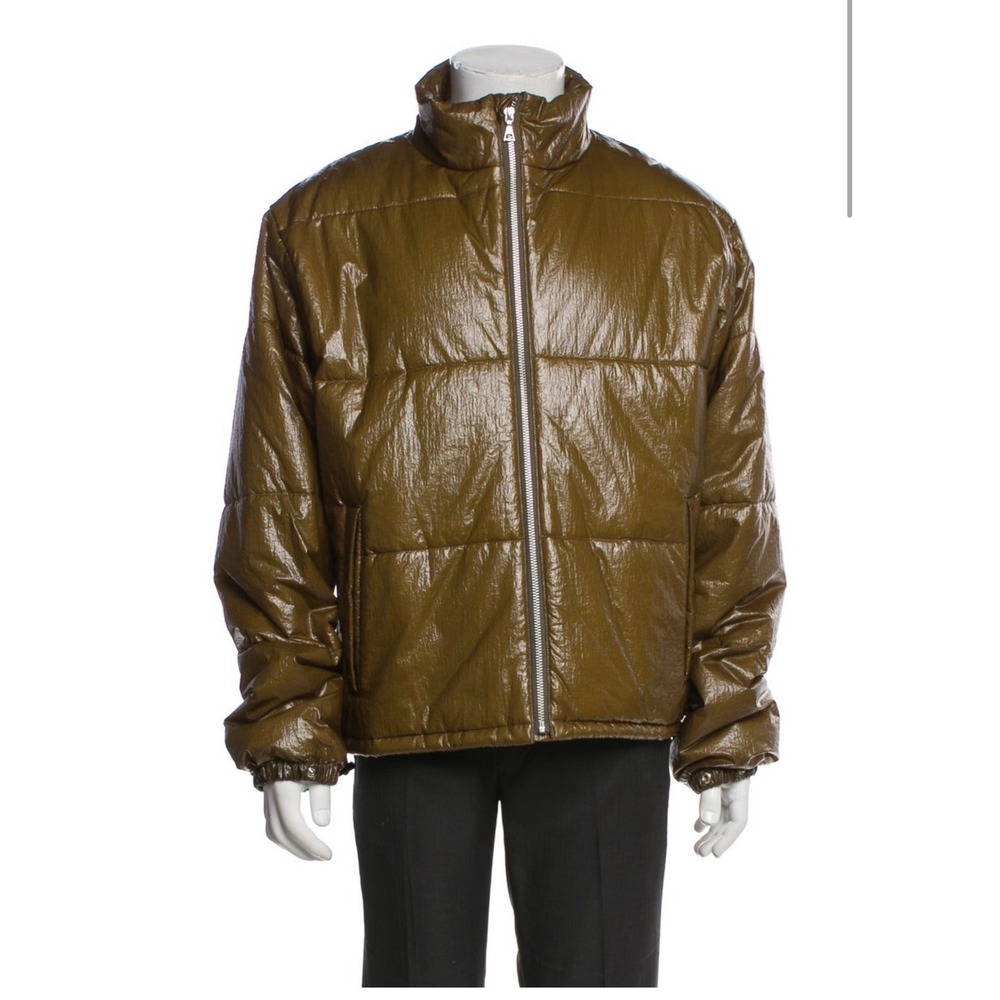 John Elliott Mens Olive Green Crinkle High Shine Quilted Puffer Jacket Size 4 XL